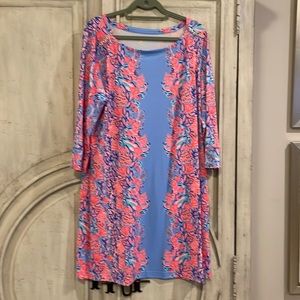 Lily Pulitzer Colorful dress with gold button accents on shoulders and cuffs
